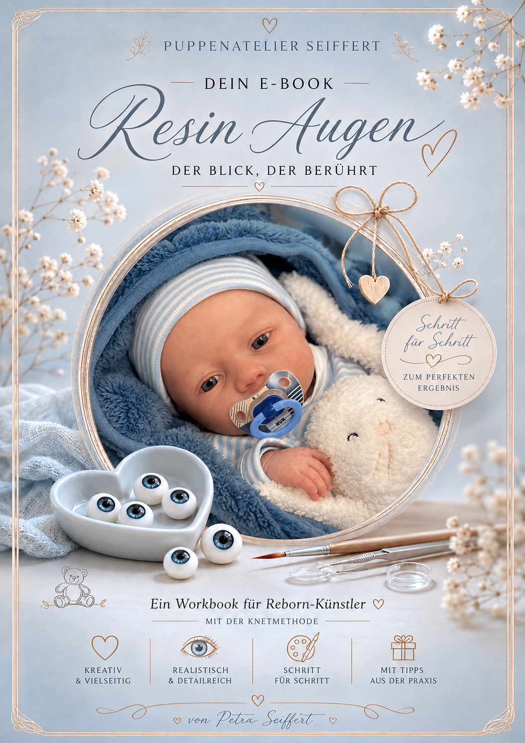 Cover des E-Books „Resin Augen — Der Blick, der berührt“ von Petra Seiffert: Reborn-Baby mit Resin-Augen in herzförmiger Schale.