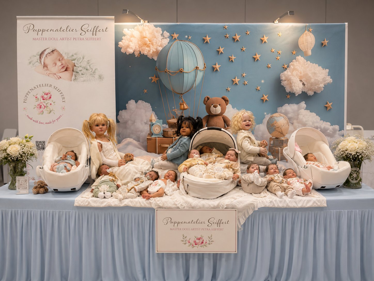 Messestand Puppenatelier Seiffert: Sammlung handgefertigter Reborn-Puppen vor pastellblauer Himmel-Dekoration mit Heißluftballon und Sternen