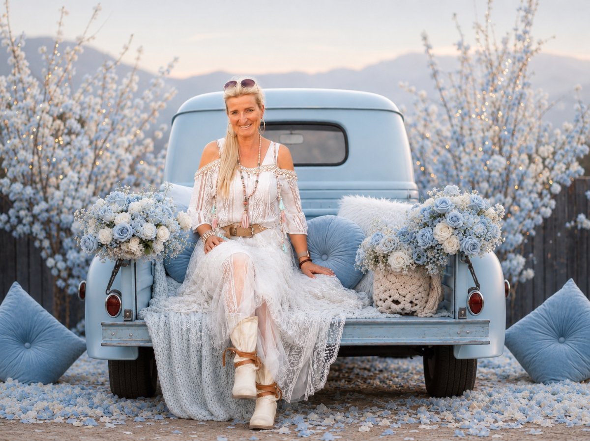 Petra Seiffert, Puppenkünstlerin, in hellblauem Boho-Setting mit Hortensien